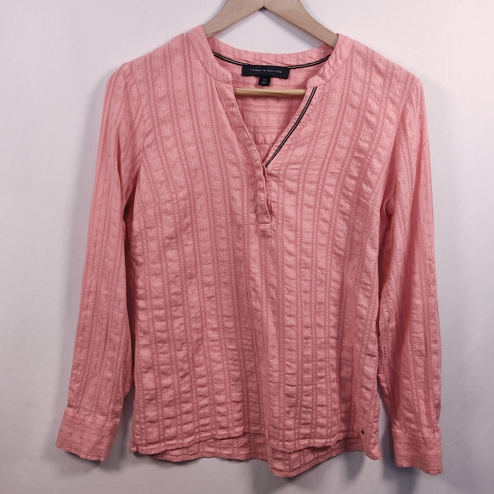 Tommy Hilfiger Henley Blouse Women's Small Pink Roll Tab Sleeve Cotton